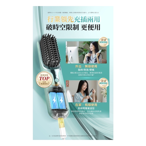 日本JUJY PlasmaCare護髮雙效等離子充插兩用速熱防燙百變造型無線直髮梳