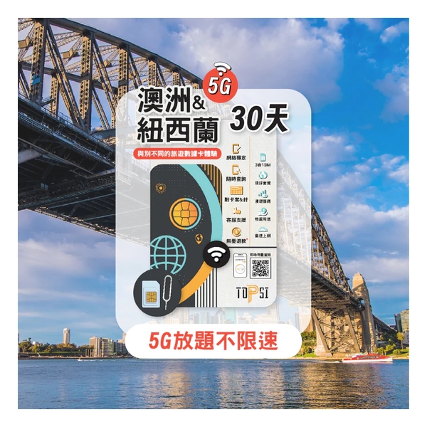 TOPSI {5G} Australia and New Zealand Unlimited Data 10/20/30-days (First 6/10/20GB of High-Speed Data, then throttled to 128 Kbps)