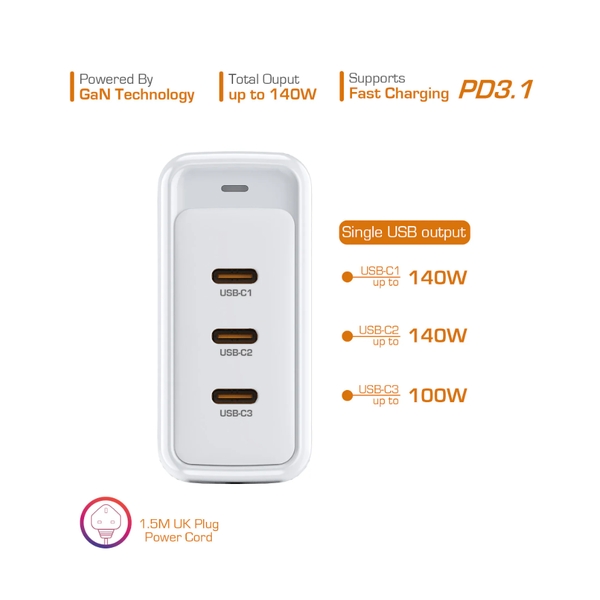 First Champion GaN Desktop Charger - 140W - UPC140PD3C, USB-C x 3, UK Plug