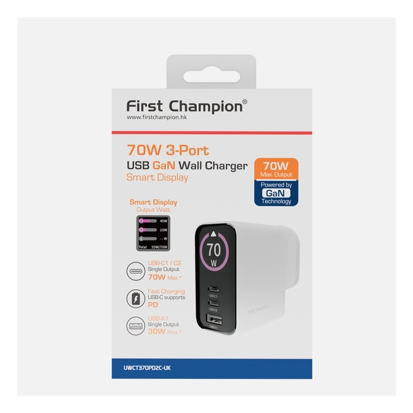 First Champion USB GaN Charger, DISP - 70W (2C 1A, Fixed UK) -  UWCT370PD2C-UK