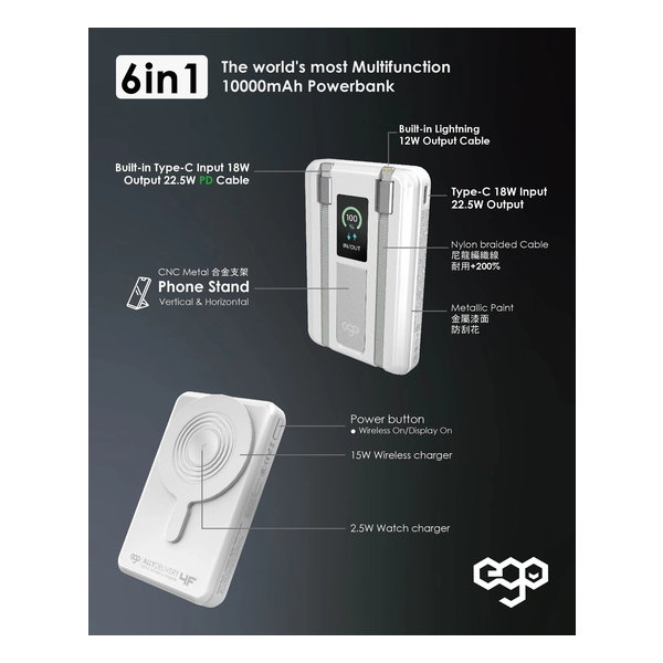 EGO AllyDelivery 4F Built-in 2XCable & Magsafe 10000mAh 6IN1 Power Bank (KH99)