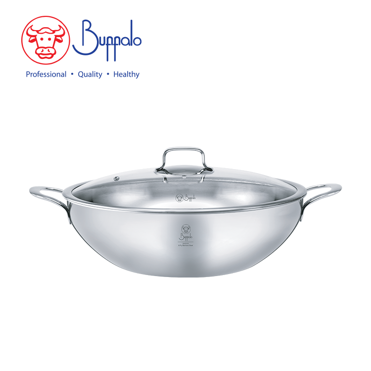 BUFFALO IMPERIAL SUS316 32CM 5PLY FLAT BOTTOM WOK W/GLASS LID(2.3MM)