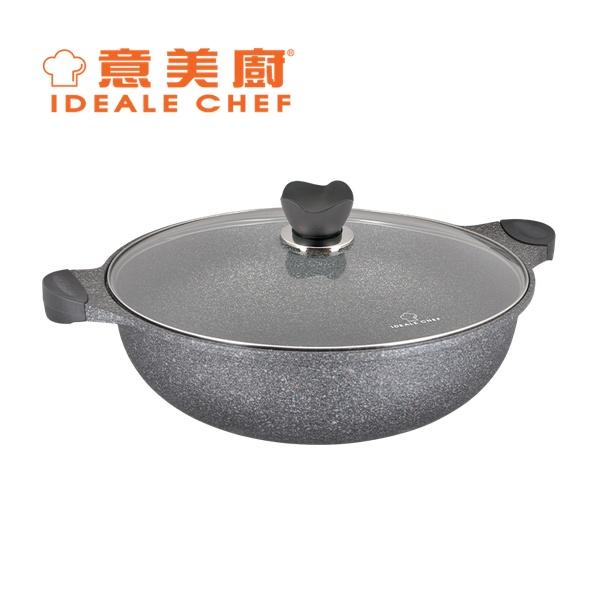 意美廚韓國製JUMBO鋼化鑄鋁大理石紋易潔36X10.5CM雙耳鍋連玻璃蓋 IC14636W