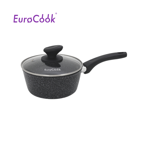 EURO COOK 鍛造鑄鋁雲石紋易潔18X8CM單柄煲玻璃連蓋 - 黑色雲石紋 EC30418P