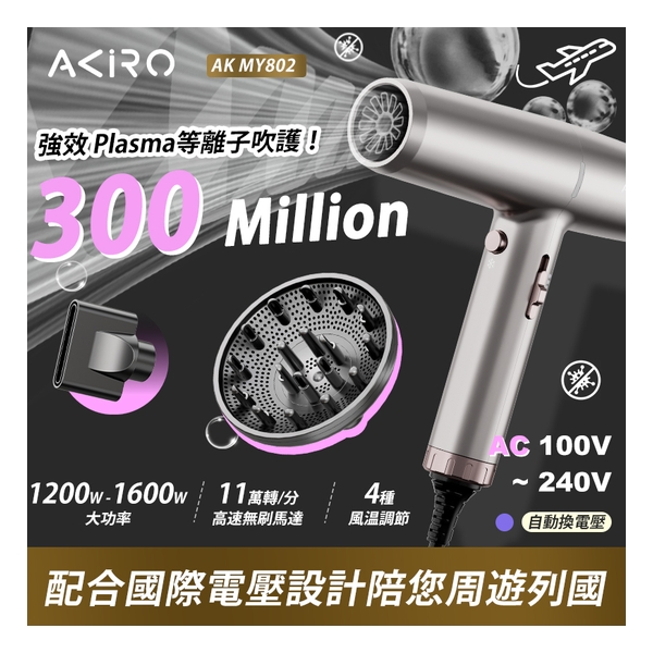 Akiro WorldStyler 國際電壓旅行高速風筒 (太空灰) AK MY802