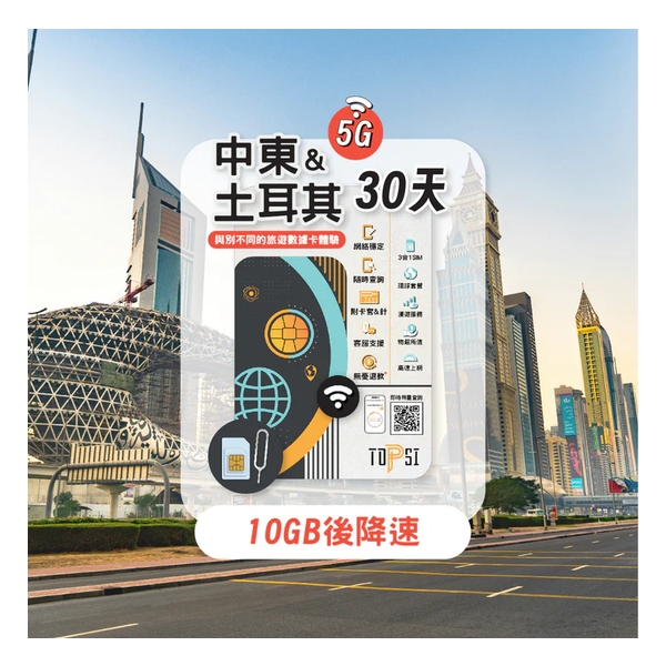 TOPSI {5G} Middle East and Turkey Unlimited Data 7/15/30-days (First 3/5/10GB of High-Speed Data, then throttled to 128 Kbps)