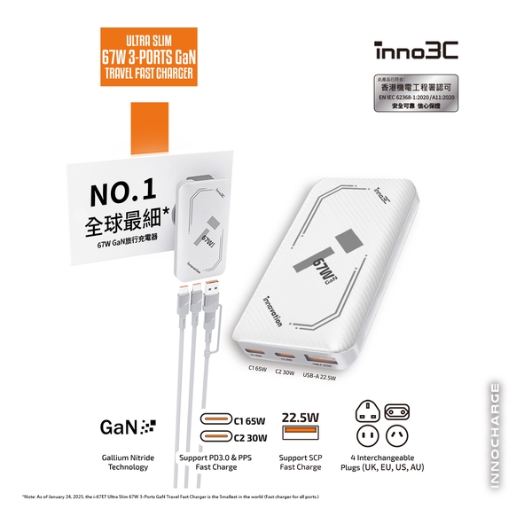 inno3C Ultra Slim 67W 3-Ports GaN Travel Fast Charger i-67ET
