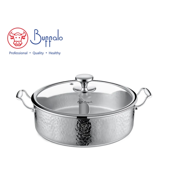 BUFFALO - PRO COOK II 316 Stainless Steel 5-Ply Hammered Hot Pot with Partition and Glass Lid 30cm / 5.62L