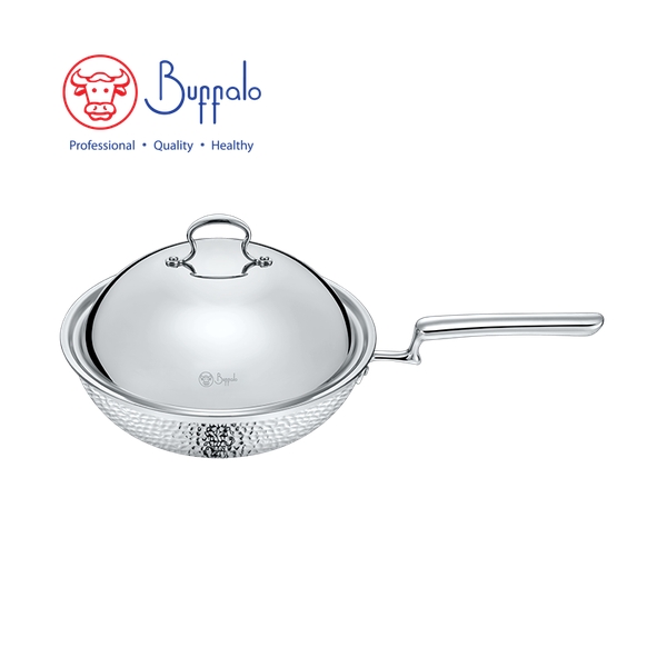 BUFFALO - ROYAL III 316 Stainless Steel 5-Ply Hammered Fry Wok with S/S Lid 28cm 763428A