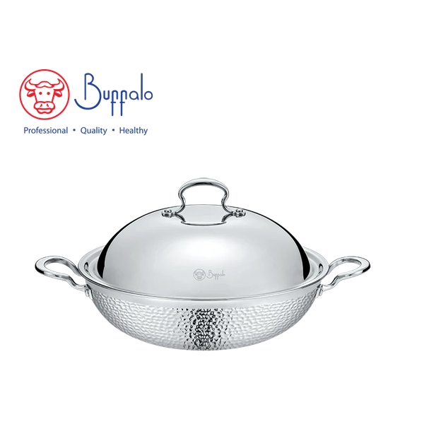 BUFFALO - ROYAL III 316 Stainless Steel 5-Ply Hammered Flat Bottom Wok with S/S Lid 32cm