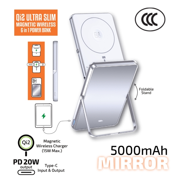 inno3C M0U Qi2 Mirror Ultra Slim Magnetic Wireless 6 in 1 Power Bank 5000mAh [CCC 3C Cert.]