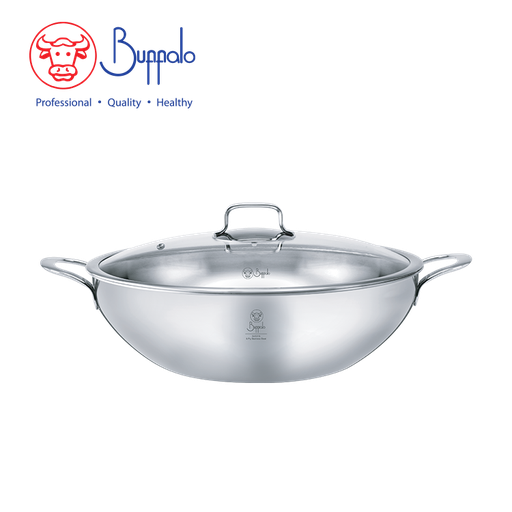[138F0198] BUFFALO IMPERIAL SUS316 32CM 5PLY FLAT BOTTOM WOK W/GLASS LID(2.3MM)