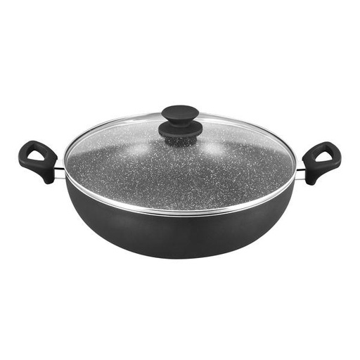 [138F0213] EURO COOK 34X9.5CM BLACK MARBLING NON-STICK WOK W/GLASS LID (BLACK) EC21434W