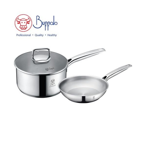 [138F0029] BUFFALO PRO TWINS COOK 3-PC COOKWARE SET: 20X10CM/2.7L SAUCEPAN W/GLASS LID+ 20CM FRYPAN (0.6MM) 35020PF1