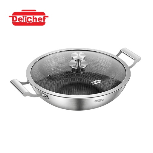 [138F0269] DELICHEF WAVE II 3-PLY SUS304 CHINESE WOK W/GLASS LID (36X9.9CM) (2.2MM) DC30336W