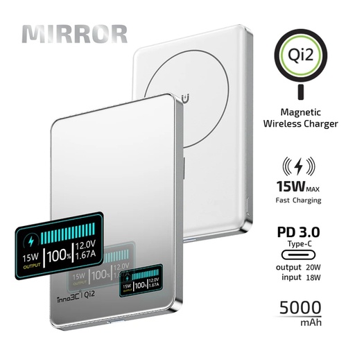 inno3C Qi2 鏡面超薄磁吸無線充移動電源5000mAh i-5M2