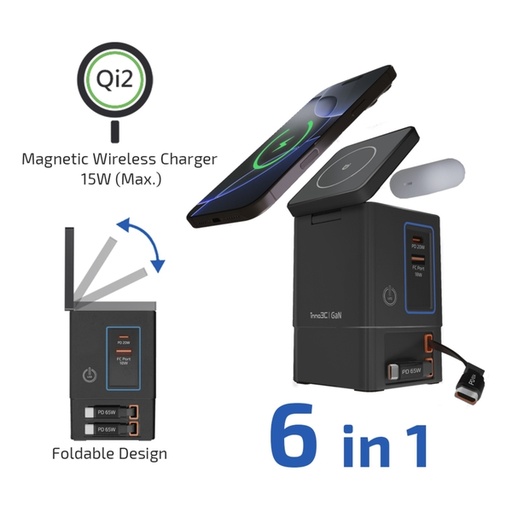 [049F8096] inno3C i-105C2 105W Qi2 + GaN 6-in-1 Wireless Fast Charging Dock with Build-in Retractable Cables