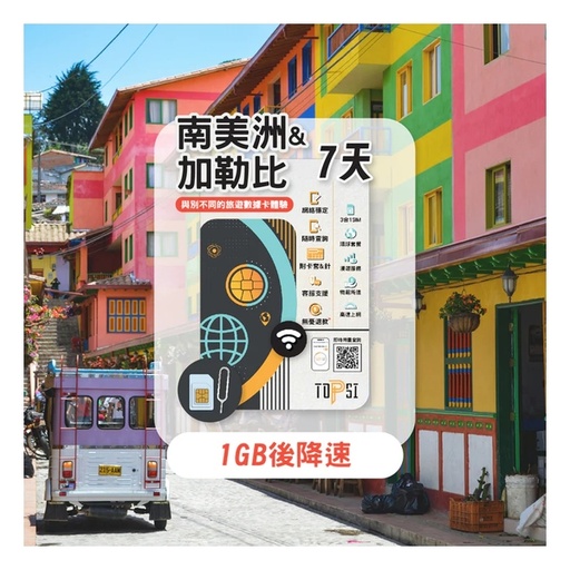 TOPSI South America and Caribbean Unlimited Data 7/15/30-days (First 1/2/3/5GB of High-Speed Data, then throttled to 128 Kbps)