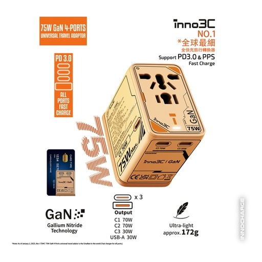 inno3C 75W GaN 4輸出旅行轉換插頭
