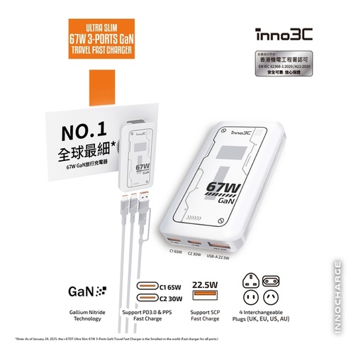 inno3C i-67DT Ultra Slim 67W 3-Ports GaN Travel Fast Charger