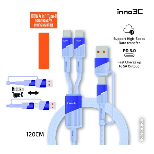 inno3C i-100C2-12 4合1 100W Type C 數據傳輸充電線 120cm