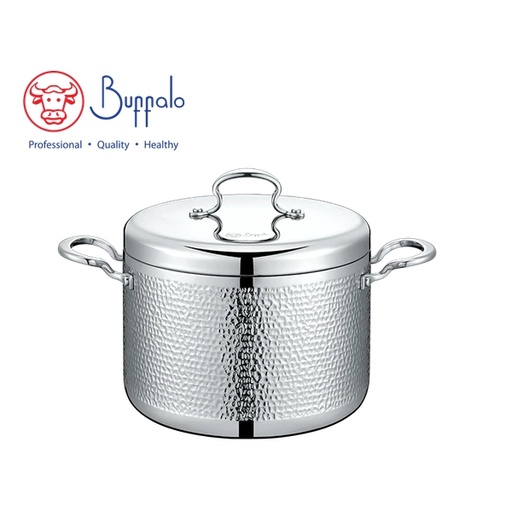 [138F0313] BUFFALO - ROYAL III 316 Stainless Steel 5-Ply Hammered High Stockpot with S/S Lid 24cm / 6.62L