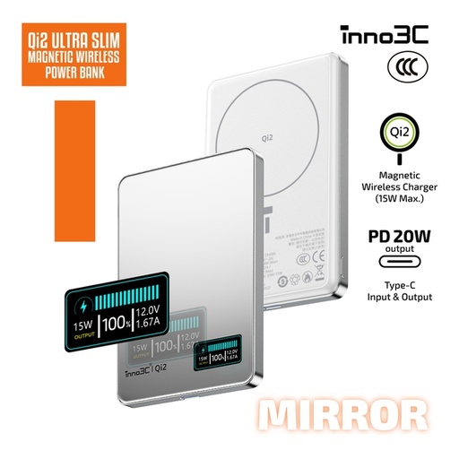 [133F0158] inno3C Qi2 鏡面超薄磁吸無線充移動電源 5000mAh 3C 認證 M0 OLED (Mirror)