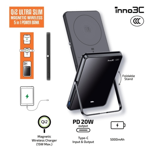 [049F8152] inno3C Qi2 超薄磁吸無線充 5 合 1 移動電源 3C 認證 5000mAh M0U (Black)