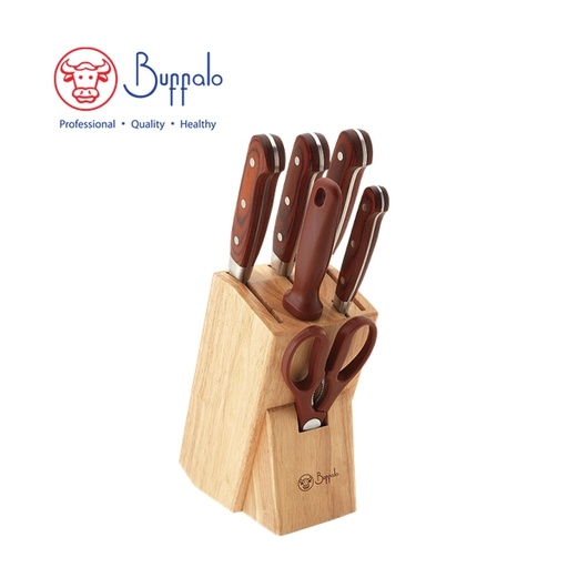 [138F0350] BUFFALO - S/ST 7-Pc Knives Set: Chopper, Chef, Santoku, Utility Knife, Sharpening Steel, Scissor, Knife Block